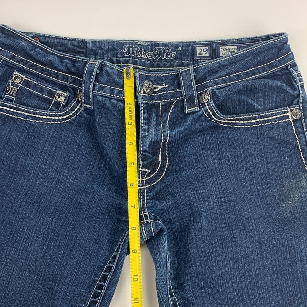 Miss Me Straight Jeans Med dark wash denim stretch Flap bling stud pockets - Picture 9 of 14